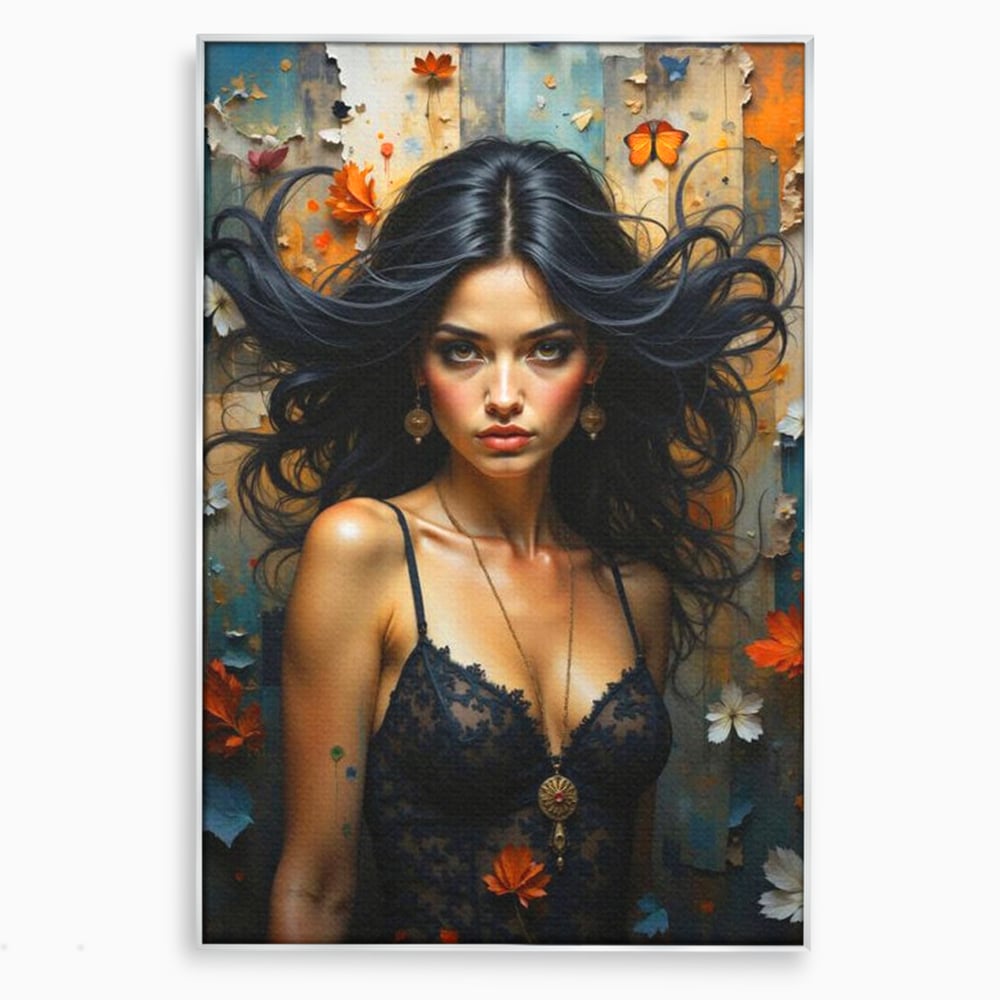 Tablou canvas cu tablou canvas cu portret de femeie par negru fluturi si frunze, in rama de aluminiu argintiu